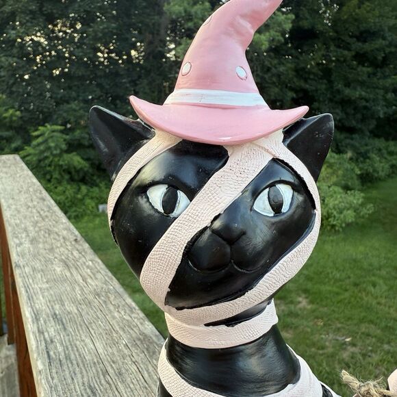 NEW Black Mummy Cat Pink Pumpkin Witch Hat Decor Halloween Pinkoween 12.5" - Picture 4 of 4